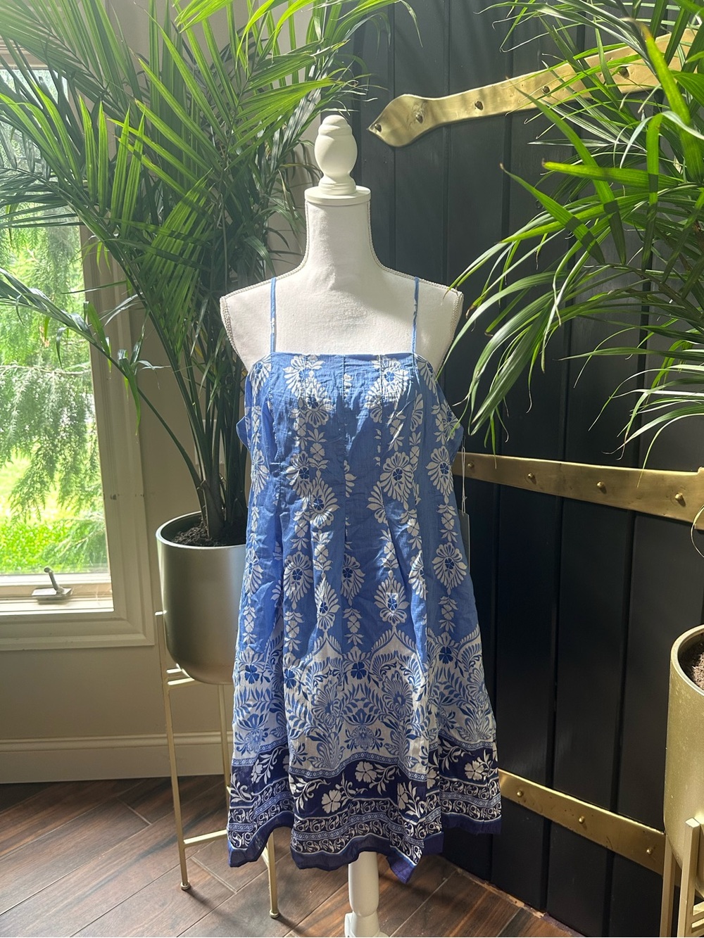 NWT Calypso St Barth Dress Sundress Boho midi smocked Blue Wht resortwear Sz XL